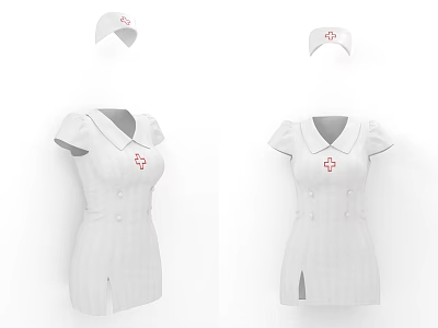 White Nurse Uniform With Short Sleeves Red Cross Emblem And Matching Cap 3d model