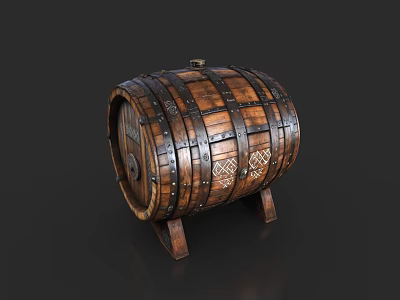 Vintage Wooden Barrel With Metal Hoops And Carved Details For Home Storage 3d model