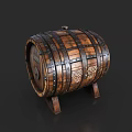 Vintage Wooden Barrel With Metal Hoops And Carved Details For Home Storage