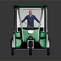 Green Three Wheeled Tricycle With Open Door And Person Standing