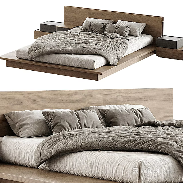 Modern Double Bed With Wooden Frame Minimalist Headboard And Gray Bedding 3d model 
