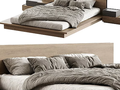 Modern Double Bed With Wooden Frame Minimalist Headboard And Gray Bedding 3d model