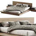 Modern Double Bed With Wooden Frame Minimalist Headboard And Gray Bedding
