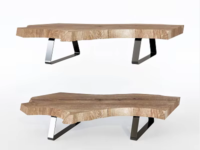 Natural Wood Coffee Table With Irregular Shape And Metal Support Legs 3d model
