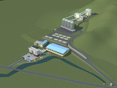 Aerial View Planning of Industrial Complex With Silos Buildings Roads and Green Areas 3d model