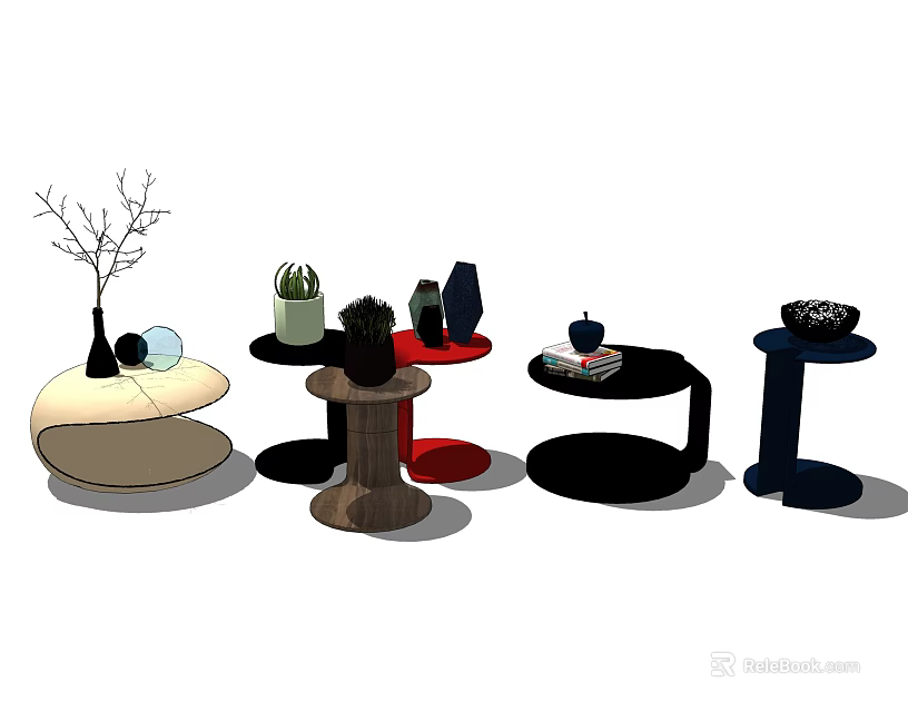 Modern Side Tables With Different Designs Vase Small Plant And Decorative Items 3d model