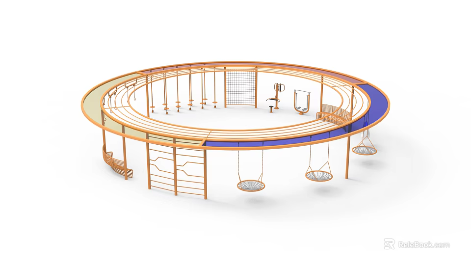 Colorful Children's Play Area With Circular Structure Swings Climbing Frames And Railings 3d model 