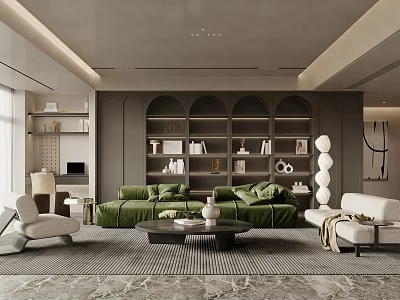 Modern Living Room With Dark Green Sofa And Arched Bookshelves 3d model