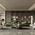Modern Living Room With Dark Green Sofa And Arched Bookshelves