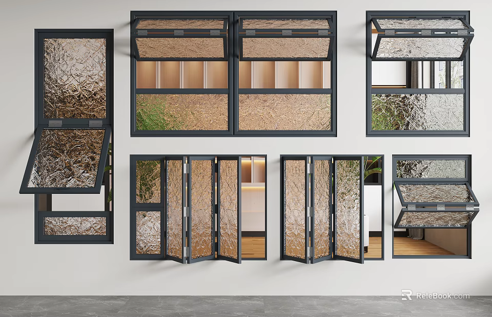 Various Modern Window Designs With Black Frames And Different Glass Types 3d model 