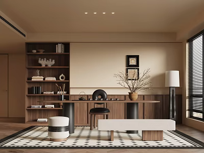 Minimalist Modern Tea Room Interior Design With Wooden Bookshelves Table Bench And Patterned Rug 3d model