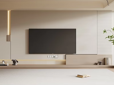 Minimalist Modern TV Background Wall with Flat Screen TV Vertical Decorative Panels and Floor Lamp 3d model