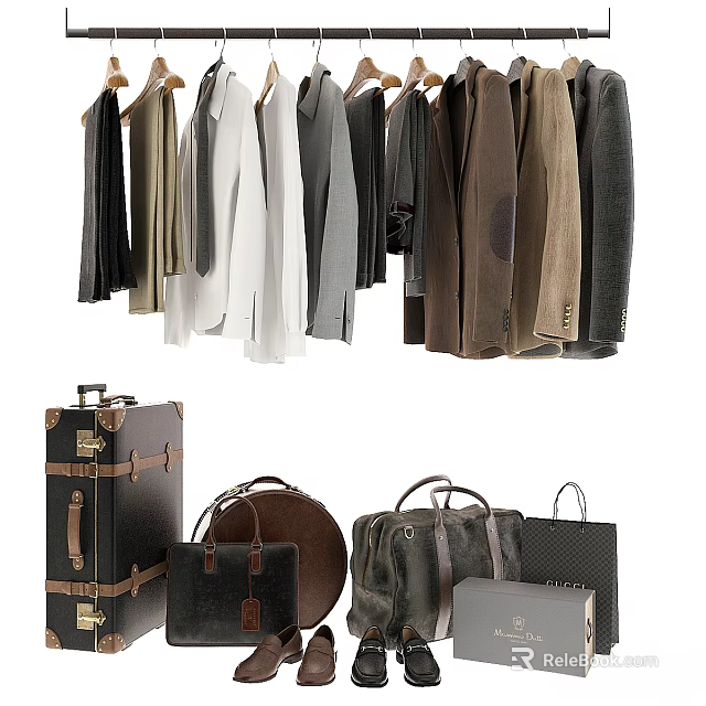 Hanging Clothes In Various Styles With Black White Gray Brown Vintage Suitcases And Leather Bags 3d model 