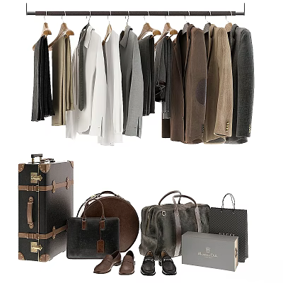 Hanging Clothes In Various Styles With Black White Gray Brown Vintage Suitcases And Leather Bags 3d model