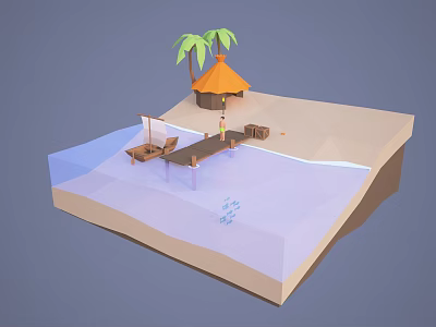 Cartoon Island Scene With Sandy Beach Thatched Hut Palm Trees And Wooden Dock On Water 3d model