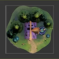 Enchanting Natural Scene With Pine Trees Wooden Cottage Mushrooms Grassy Path And Magic Cauldron