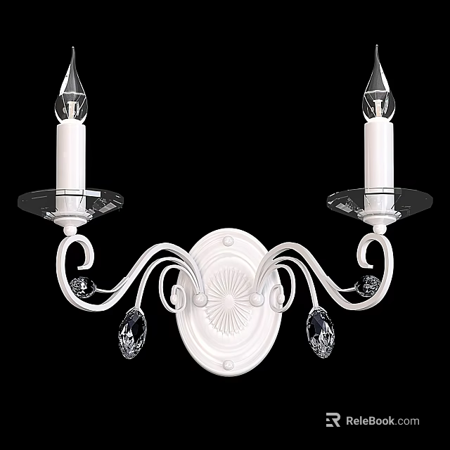 Elegant White Double Candle Wall Sconce with Crystal Accents Curved Metal Frame and Round Backplate 3d model 