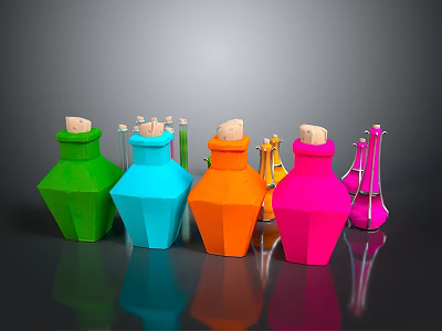 Colorful Polygonal Glass Bottles With Wooden Stoppers For Household Use 3d model