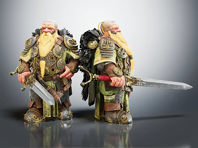 Dwarf Warriors with Long Beards Detailed Armor Holding Swords and Feather Fantasy Models 3d model