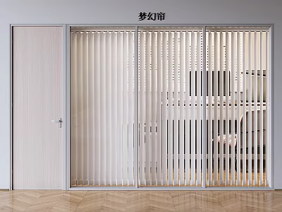 Modern Interior Design With Vertical Blinds On Sliding Doors Light Wooden Floor And Wooden Door 3d model