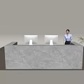 Modern Reception Desk With Marble Countertop Computers Receptionist And Decorative Plant