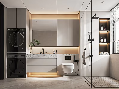 Modern Bathroom With Washing Machine Vanity And Shower 3d model