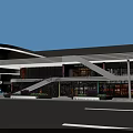 Modern Commercial Building Exterior With Glass Curtain Walls Canopy Outdoor Plaza And Decorative Installations