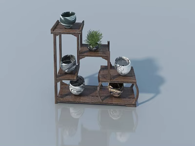 Hinged Door With Wooden Shelf And Potted Plants In Modern Setting 3d model