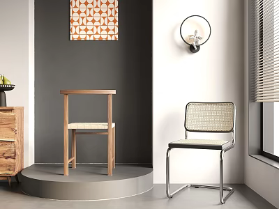 Stylish Leisure Chairs Wooden And Metal Frames With Woven Seat Gray Wall Decorative Painting Wall Lamp 3d model