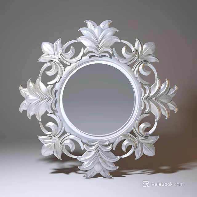 Elegant Ornate Silver Round Mirror With Intricate Leaf Scroll Frame Design 3d model 