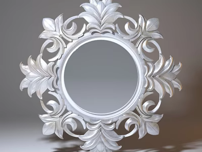 Elegant Ornate Silver Round Mirror With Intricate Leaf Scroll Frame Design 3d model