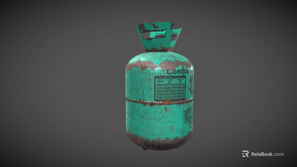 Old Green Rusty ComStar Gas Cylinder With Worn Surface And Label 3d model