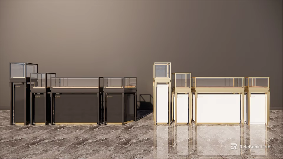 Modern Retail Display Shelves With Black White Frames And Glass Panel Design 3d model 