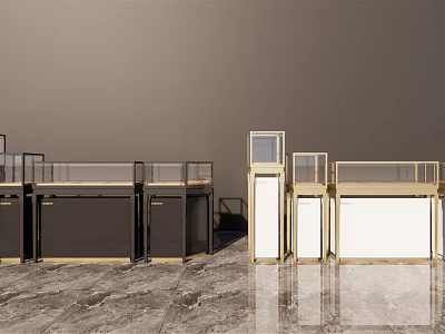 Modern Retail Display Shelves With Black White Frames And Glass Panel Design 3d model