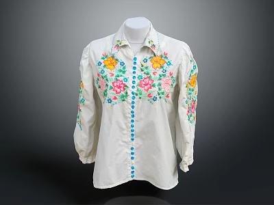 White Shirt Featuring Colorful Floral Embroidery And Blue Buttons With Long Sleeves 3d model