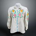 White Shirt Featuring Colorful Floral Embroidery And Blue Buttons With Long Sleeves