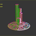 Modern High Rise Tower With Glass Facade Circular Base Surrounded By Water Pools And Greenery