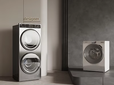 Modern Designer Washing Machines With Silver Double Drum And White Single Unit 3d model