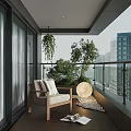 Cozy Home Balcony With Wooden Chair Green Plants Round Light And City View
