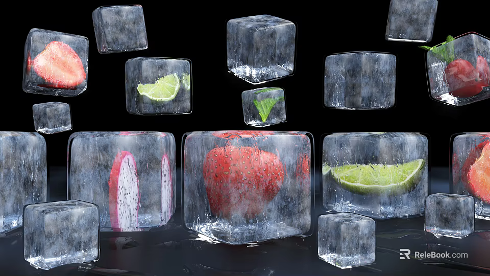 Frozen Fruit Ice Cubes With Strawberry Lime And Dragon Fruit Slices 3d model 