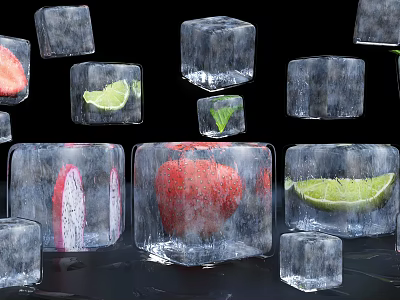 Frozen Fruit Ice Cubes With Strawberry Lime And Dragon Fruit Slices 3d model