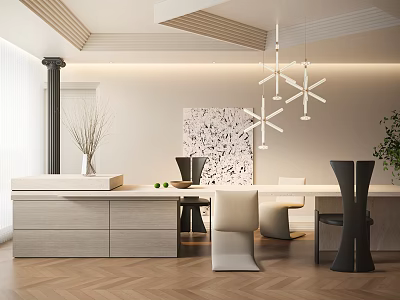 Modern Dining Table With Chairs Pendant Lights And Abstract Wall Art In Wooden Floor Interior 3d model