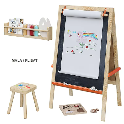 Wooden Kids Art Easel With Drawing Board Shelf Art Supplies And Stool 3d model