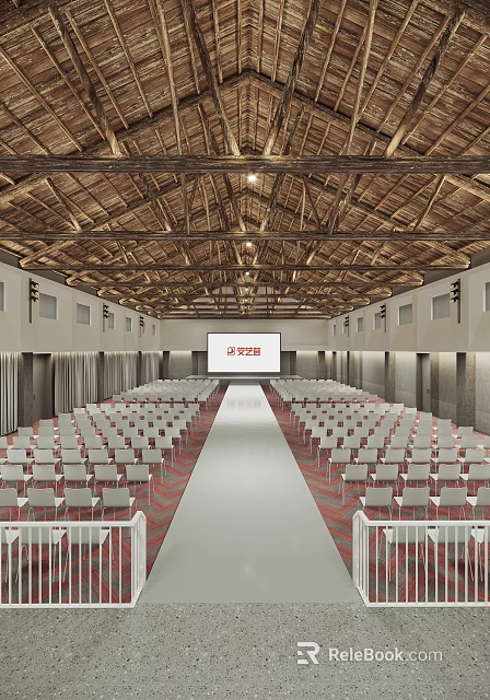 Spacious Conference Room With Wooden Ceiling And White Chairs 3d model 