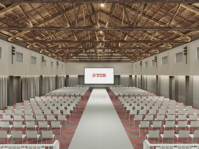 Spacious Conference Room With Wooden Ceiling And White Chairs 3d model