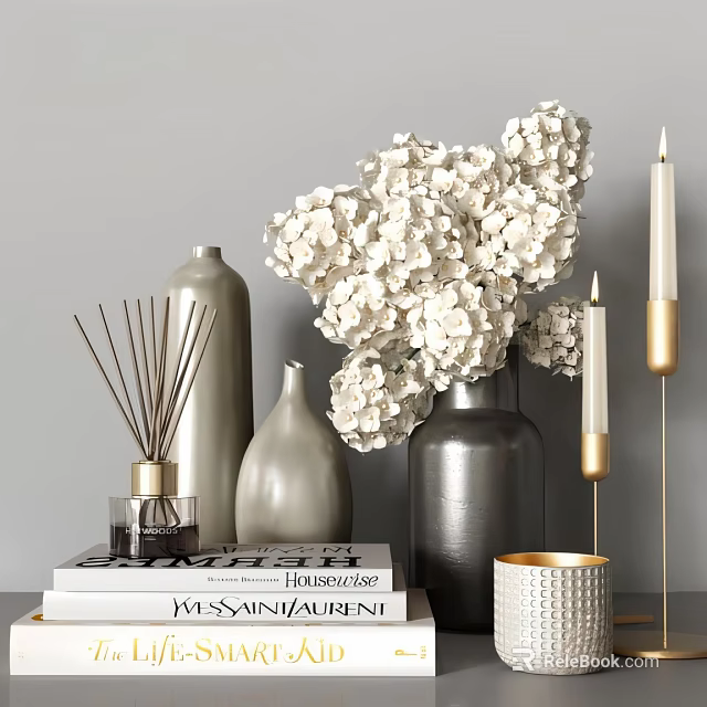 Elegant Modern Decorative Ornament Set With White Hydrangeas Silver Vases Reed Diffuser And Gold Candles 3d model