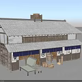 Traditional Japanese Wooden Building With Tile Roof Shop Front Signboard And Outdoor Tables