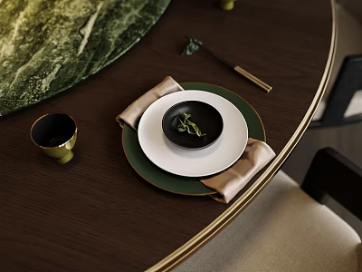 Elegant Tableware Set With White Green Plates Black Bowl Gold Cup Chopsticks On Wooden Table 3d model