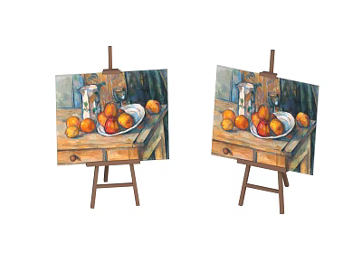 Two Easels Displaying Still Life Paintings With Fruits Bottle And Plate 3d model