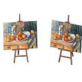 Two Easels Displaying Still Life Paintings With Fruits Bottle And Plate